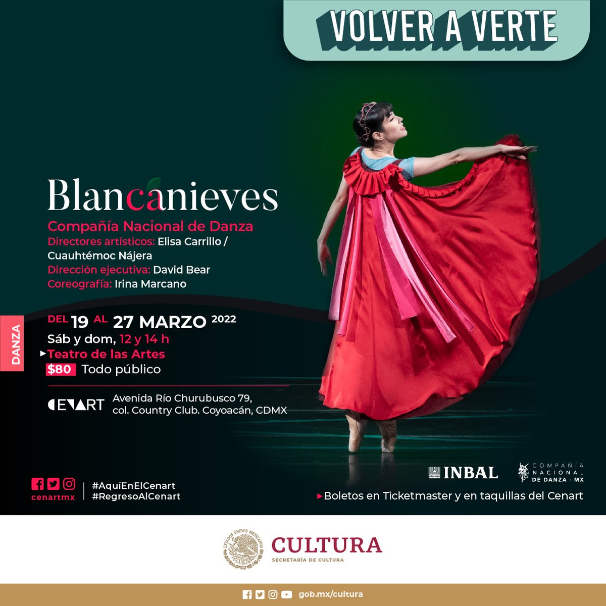 CNDanzaMX's tweet photo. ¡3 días para #VolverAVernos en el escenario del Teatro de las Artes del @cenartmx!

Blancanieves, versión coreográfica de nuestra bailarina Irina Marcano🩰🍎

¿Nos acompañarás?

📅 MAR: 19, 20, 26 y 27 • 12 h y 14 h
🎟️Boletos en taquillas del recinto y 👉 https://t.co/13RA9x6mjF https://t.co/QgFSeWsF1L