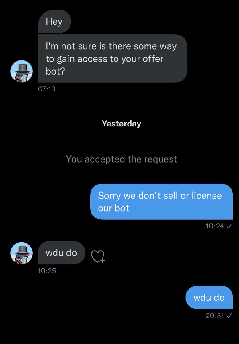 OfferBotDao's tweet photo. When in doubt just repeat their last message back.  Maybe they’ll think we’re a bot 🤖🙈 https://t.co/VvL2BaxKhv