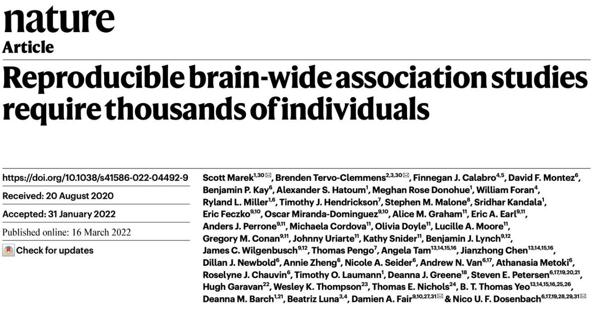 DeannaJGreene's tweet photo. Important paper re brain-behavior correlations, effect sizes, &amp; sample sizes. Don't view the results as a dig on previous research, but as promise for the future. Information is power; if we are aware of the issues, we can work toward exciting discoveries 
https://t.co/L9SPJBYDxo https://t.co/7GONhOQ1Lk
