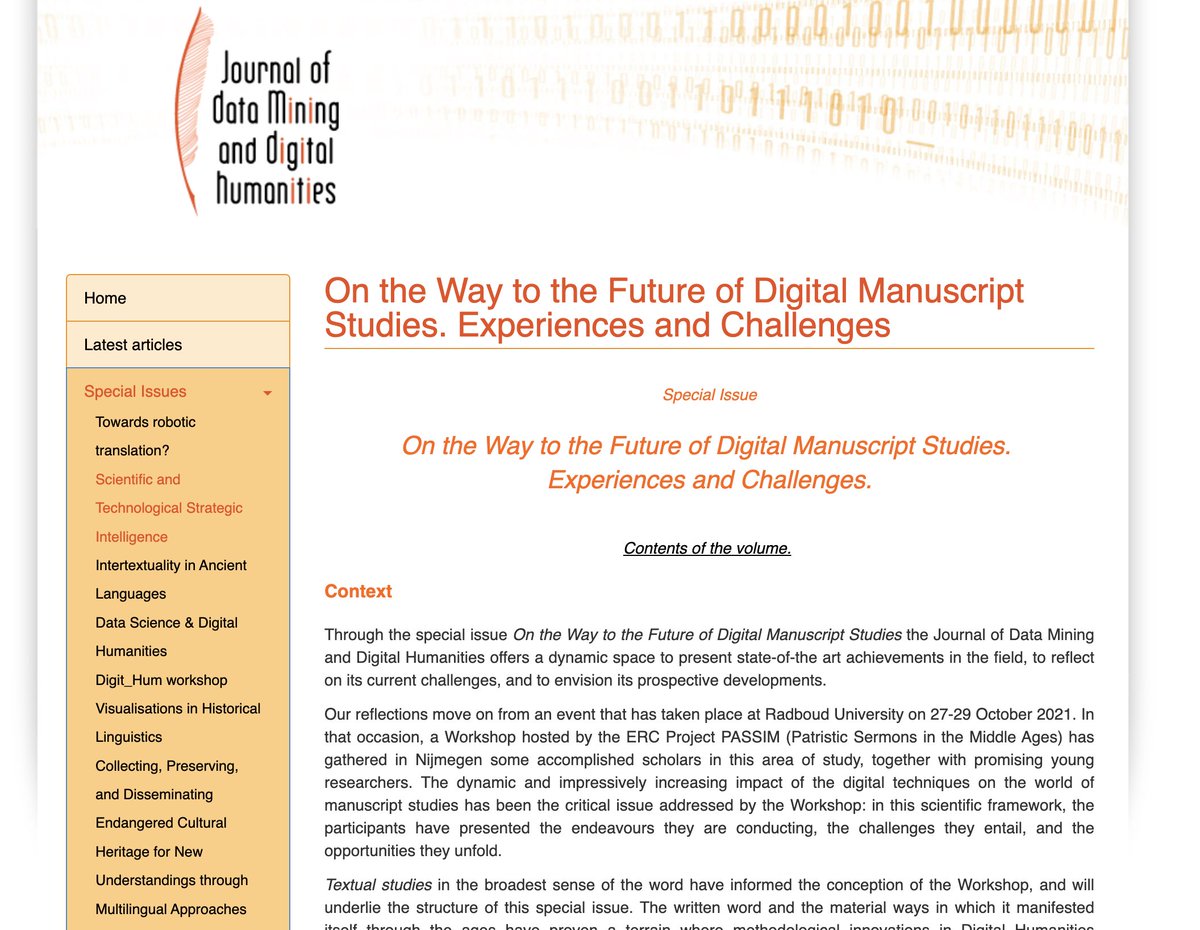 Working on quantitative codicology? Digital manuscript studies? Modelling scribal profiles? Submission is open to the special issue On the Way to the Future of Digital Manuscript Studies (Journal of Data Mining and Digital Humanities):
jdmdh.episciences.org/page/on-the-wa…
