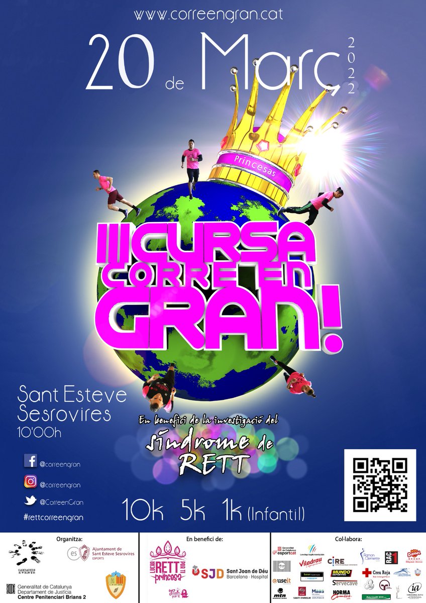 🗓️ Diumenge, 20 de març, se celebrarà la 3a edició de la cursa Corre en Gran (<a href="/CorreenGran_/">CorreenGran</a>) en benefici a la investigació de la Síndrome de Rett i organitzada pels interns de Brians 2.
📍 St Esteve Sesrovires

ℹ️ Pots inscriure't a: bit.ly/3KOZHD3

#SomJustíciaCat