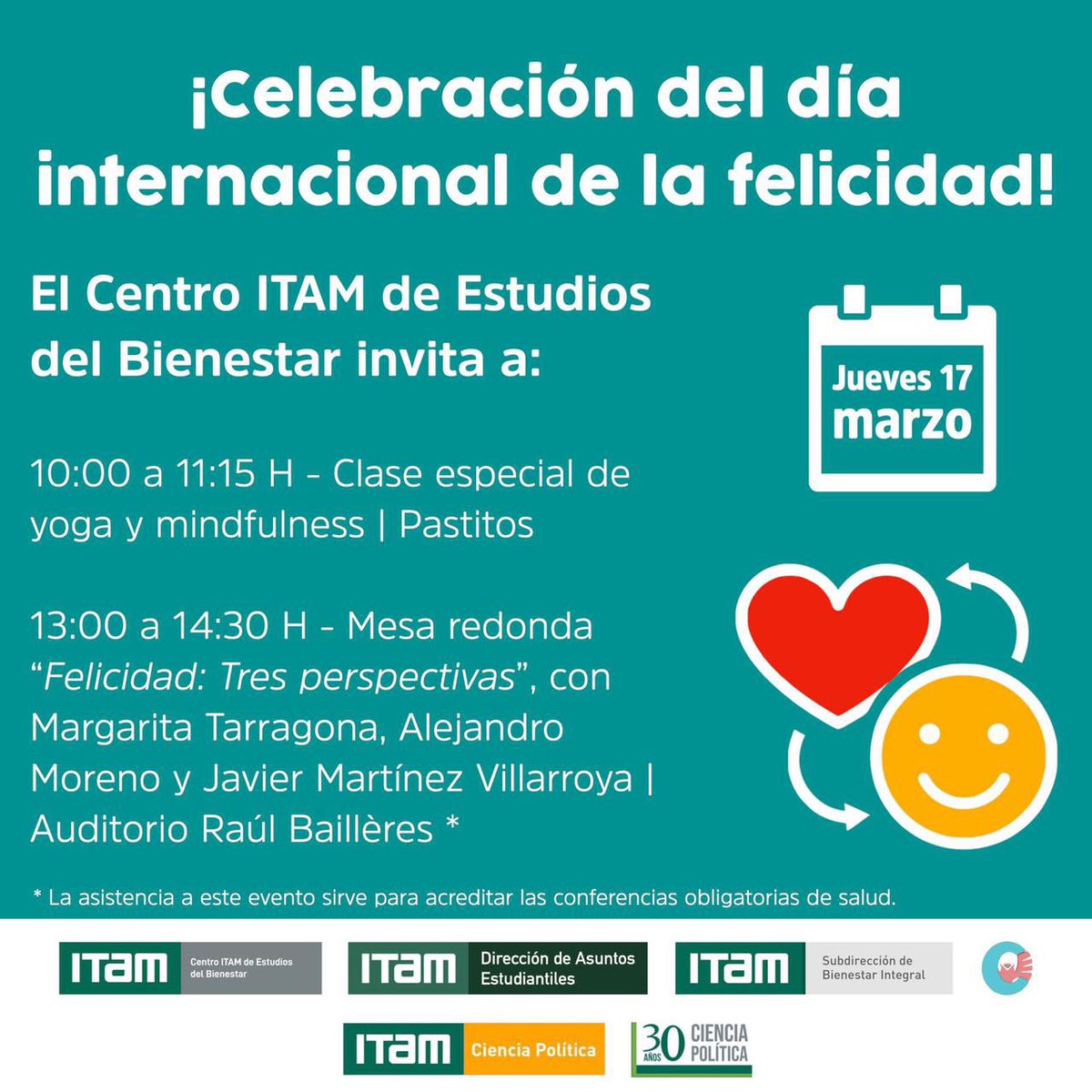almorenoal's tweet photo. JUEVES 17 MARZO | CONFERENCIA 
La felicidad de los mexicanos.  
Comentaré datos de encuestas de @WVS_Survey y @ElFinanciero_Mx 

#Díainternacionaldelafelicidad
Centro ITAM de Estudios del Bienestar @PositivaMenteMT @CPoliticaITAM  @ITAM_mx @DAE_ITAM https://t.co/v74xhUJgjG