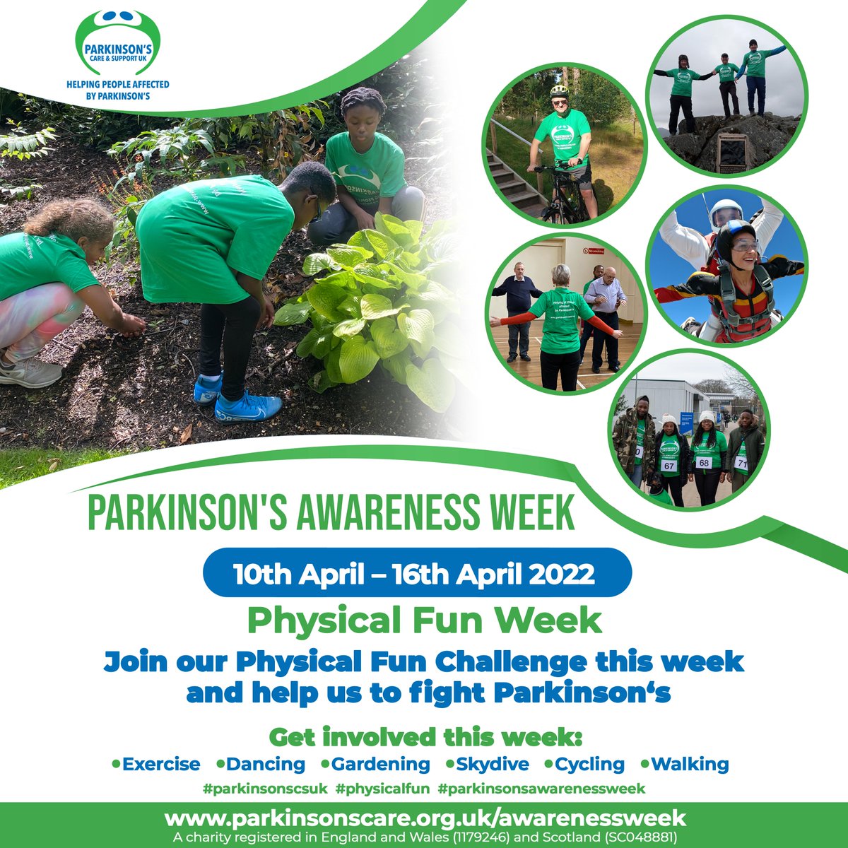 ParkinsonsCSUK's tweet photo. We are pleased to announce that #Parkinsonswarenessweek is taking place from 10th  – 16th April 2022 💚

This year's theme is #PhysicalFun and we are asking people to get involved in fun physical activities and help us to raise funds and awareness. 

Visit https://t.co/SWQ5bUVlrI https://t.co/gpljwDCOeb