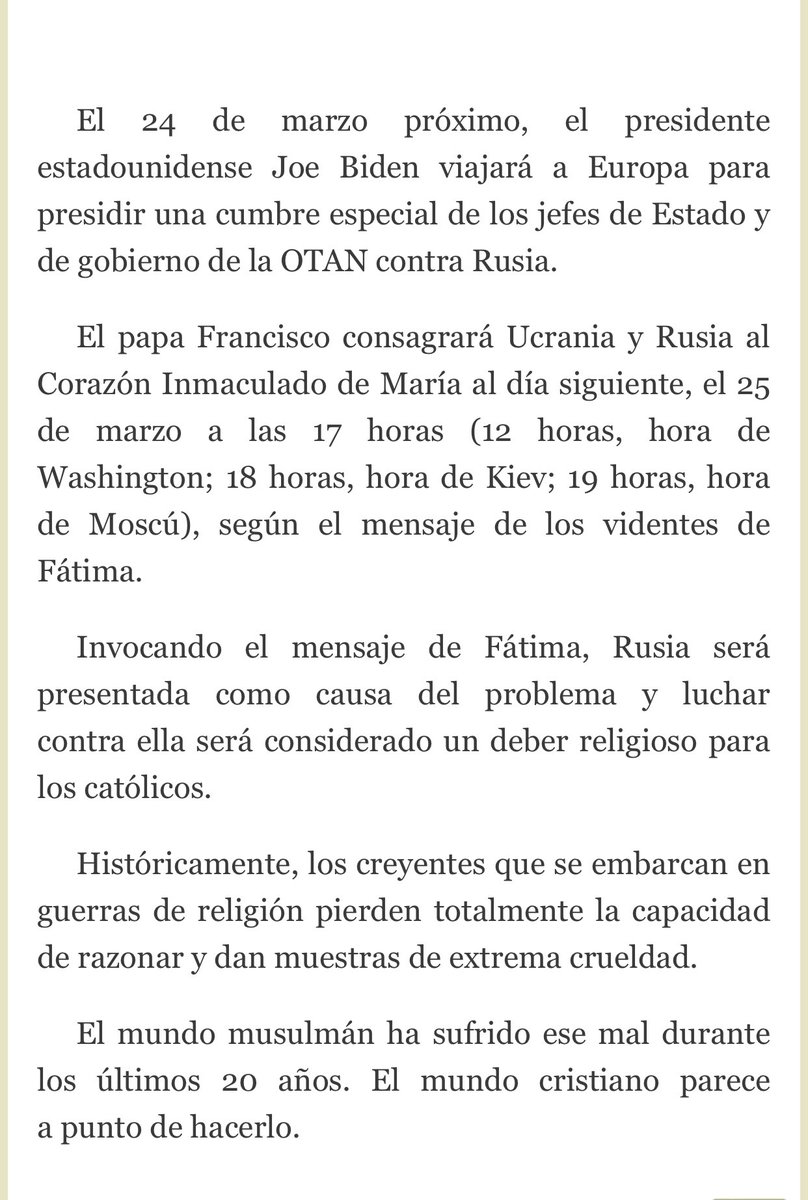CelesteSaenzM's tweet photo. https://t.co/BK1yxr6Aym
🆘Invocando mensaje de Fátima, Rusia será presentada como causa del problema y luchar contra ella será considerado un deber religioso para católicos Históricamente los creyentes que se embarcan en guerras de religión pierden totalmentecapacidad de razonar https://t.co/tWsRD1Ry74