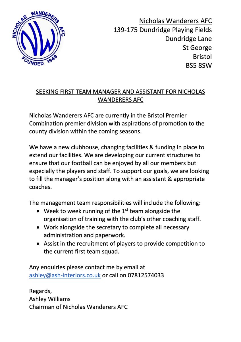 the_wands's tweet image. Nicholas Wanderers AFC are looking for a new first team manager &amp;amp; coaching team for the coming 22-23 season. Please see the attached image for the full job advert and if you would like any more details.
 #UTW @bsoccerworld @simonparkinson3 @GlosFA