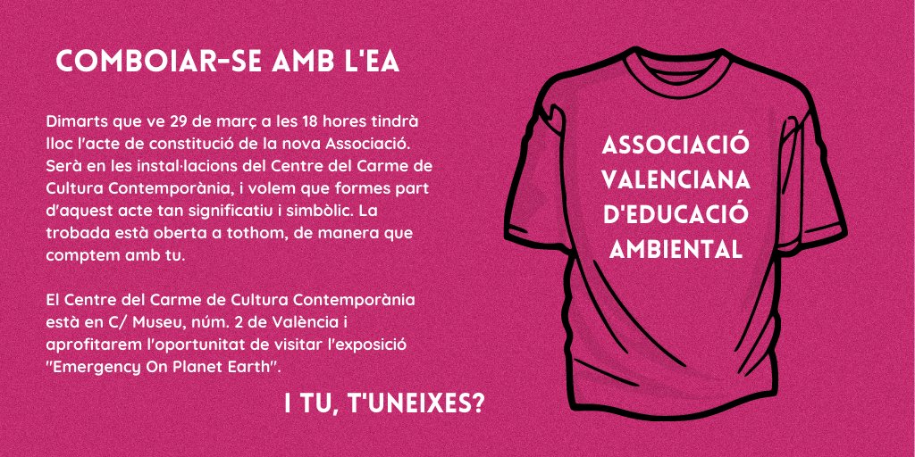 avedamCV's tweet photo. 29/03 a les 18h tindrà lloc l'acte de constitució de la Associació Valenciana d'Educació Ambiental. Serà en les instal·lacions del @centredelcarme, i volem que formes part d'aquest acte tan significatiu i simbòlic. La trobada està oberta a tothom.
🏦CCCC C/ Museu, 2 València https://t.co/kz6ie7lTGG