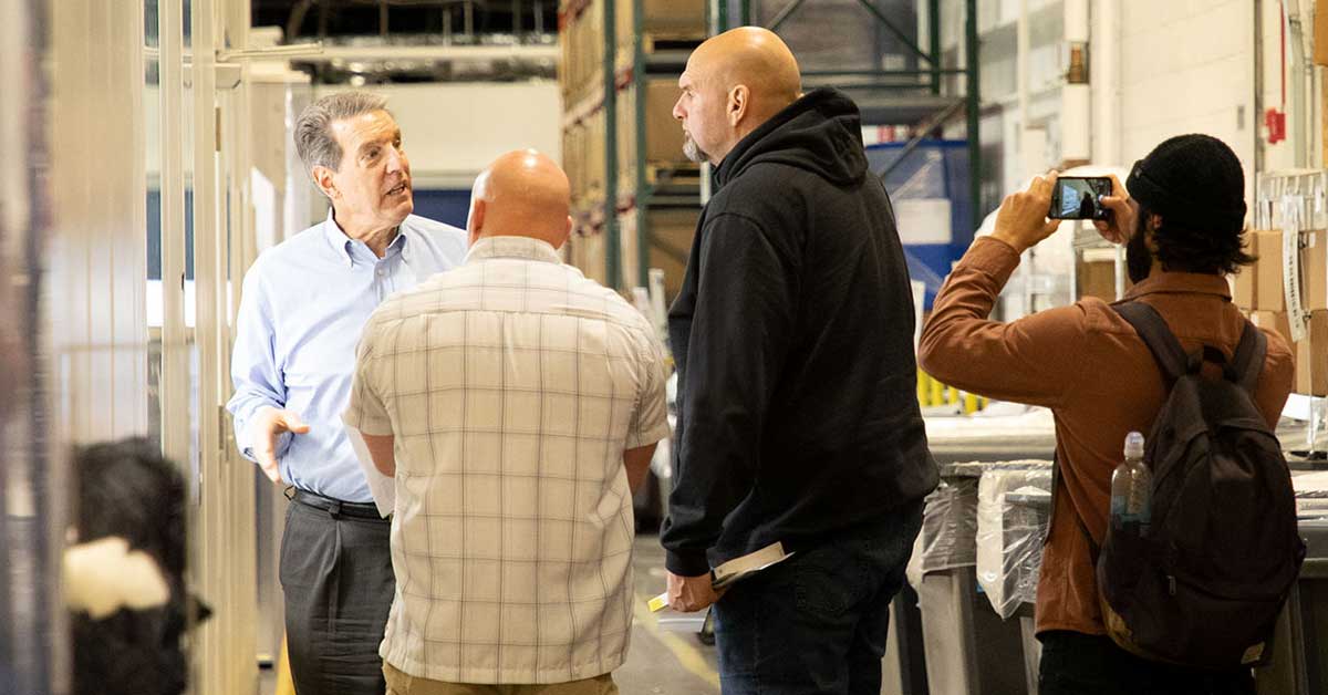 AdvantaPure's tweet photo. PA's Lt. Governor John Fetterman (third from left) visited NewAge Industries/AdvantaPure yesterday for a roundtable discussion on the benefits of employee ownership. The company is entirely owned by its employees. A plant tour, conducted by CEO Ken Baker, was included. #esop https://t.co/AVdztVUCQH
