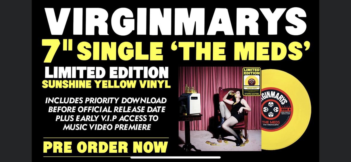 OfficialVMSfans's tweet photo. Don’t forget…pre order new single #themeds and get early access to the new video https://t.co/CM98JeNpTR 💊🖤💛☠️❤️ #rock #newmusic #punkrock #virginmarys https://t.co/trmgmviend