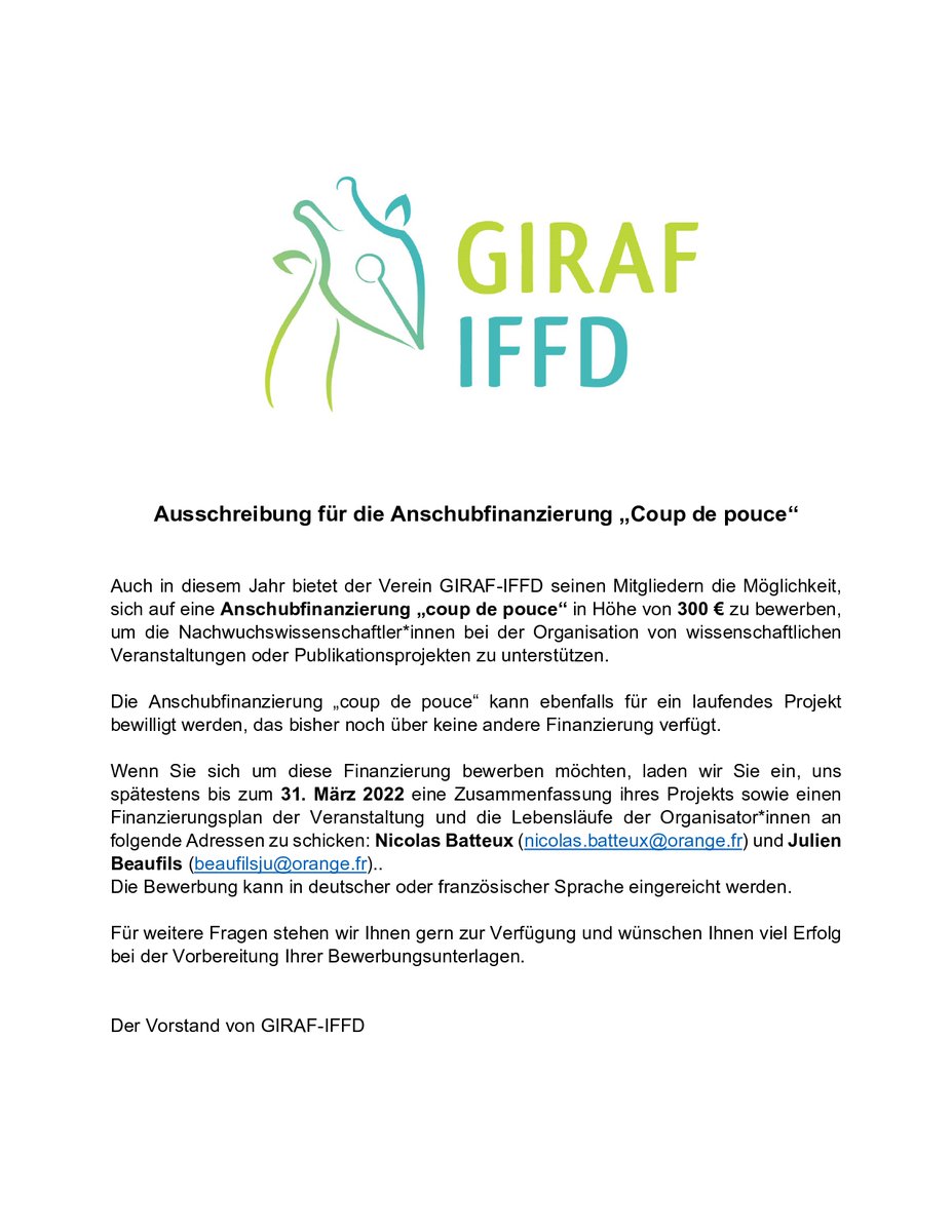 📢RAPPEL jusqu'au 31.03.22
BOURSE COUP DE👍pour aider les membres de <a href="/GIRAF_IFFD/">🇫🇷 GIRAF-IFFD 🇩🇪</a> dans leurs projets scientifiques. modalités de candidature ci-dessous ↪️
Beihilfe für die Organisation wissenschaftlicher Veranstaltungen oder Publikationen. Siehe anbei Bewerbungsbedingungen ↪️