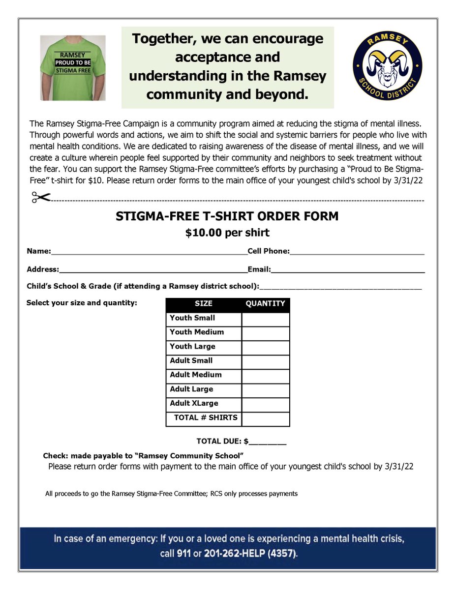 Mark your calendars! Ramsey School District &amp; West Bergen Mental Health are excited to announce the 5th annual Walk &amp; Talk a Thon taking place in person on Sat. May 7 - Ramsey High School. Show your support with a Stigma-Free t-shirt.