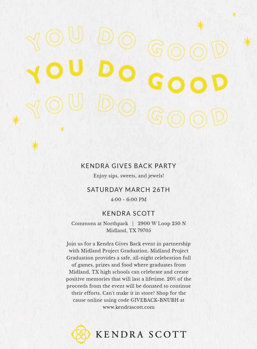GradMidland's tweet photo. Join us at Kendra Scott! 
March 26th  4:00 PM �� 6:00 PM. 
- Tell them you are supporting Project Graduation as you enter
- Get complimentary champagne &amp; personal styling!
- Kendra Scott will give 20% of the proceeds for our graduation celebration!
- Online option . . . https://t.co/ItJkWCPkH3