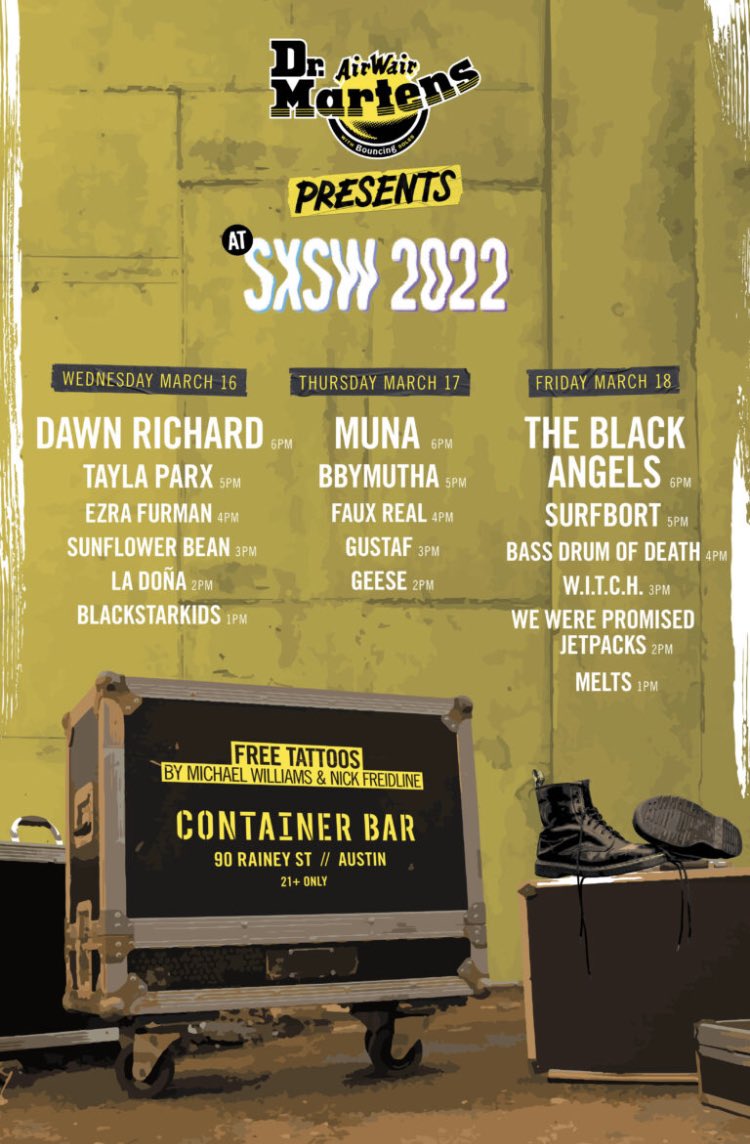 MissKrisSxSW's tweet photo. The @drmartens party at @ContainerBarATX has a short line and stacked lineup. 21+. Official but only 1 line. #sxlines #collideonrainey https://t.co/6FEFYjKLkh