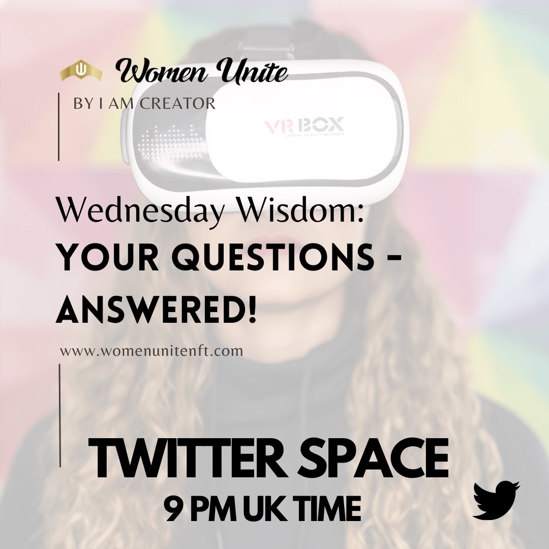 WomenUnite___'s tweet photo. Starting in less than 3 hours..🔥

Make sure to drop your Questions on Discord or join us LIVE on Stage during Twitter Space at 9PM UK Time ❤️✨

Set A Reminder ⏰🚨

https://t.co/49mW0PqE0B

**Link to Discord in Bio** 

#womenunite #womenunitenft #TwitterSpaces #NFTs https://t.co/of3kVLv8vr