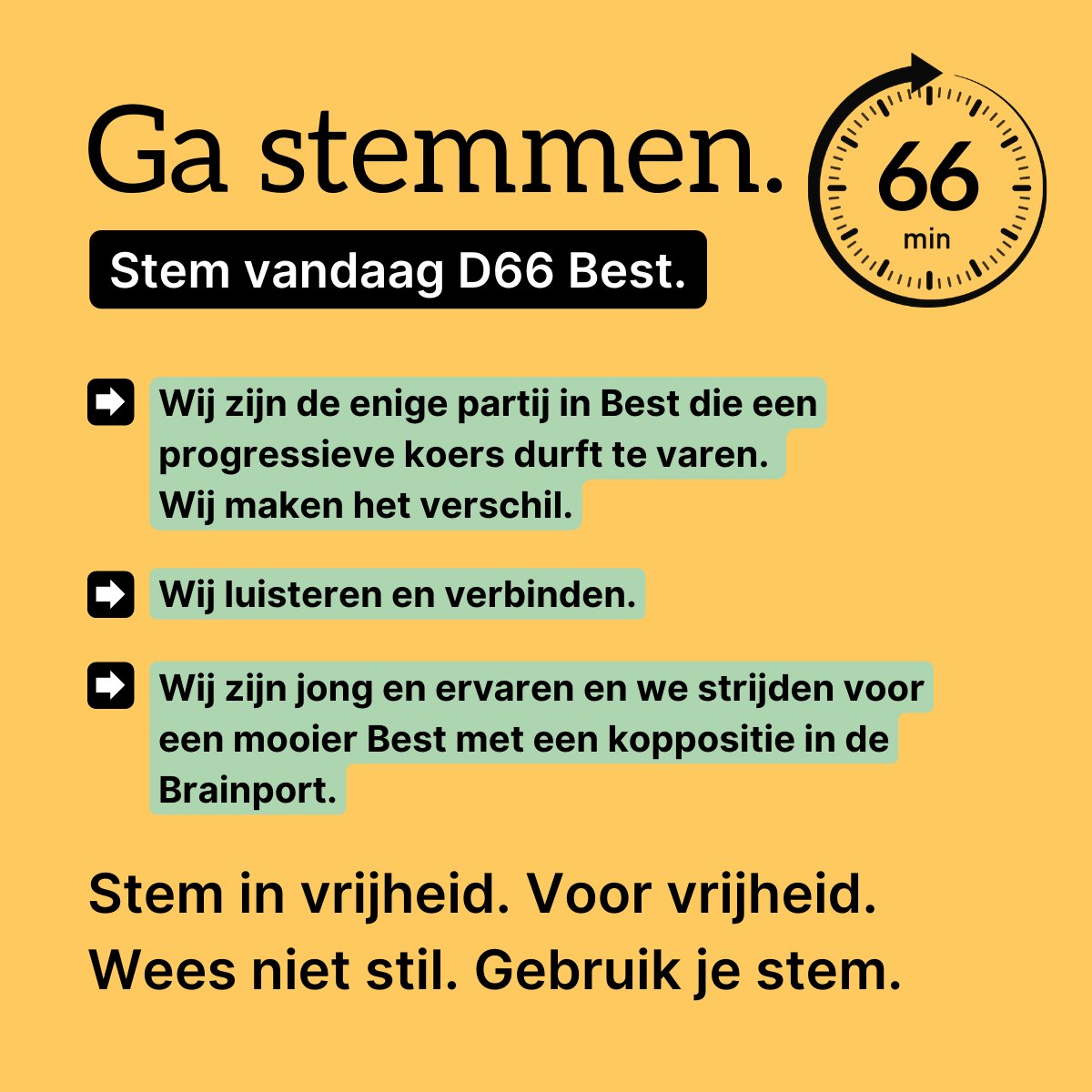 D66best's tweet photo. Best, nog 6️⃣6️⃣ minuten. Ben je nog niet gaan stemmen? Doe het nu! Grijp je stempas, grijp de macht van de vrijheid! Wees niet stil. Gebruik je stem. 💚
Goed wonen, beter klimaat, Best samen.
#ElkeStemTelt #StemD66 #GR2022 https://t.co/ceOa9vU8ea