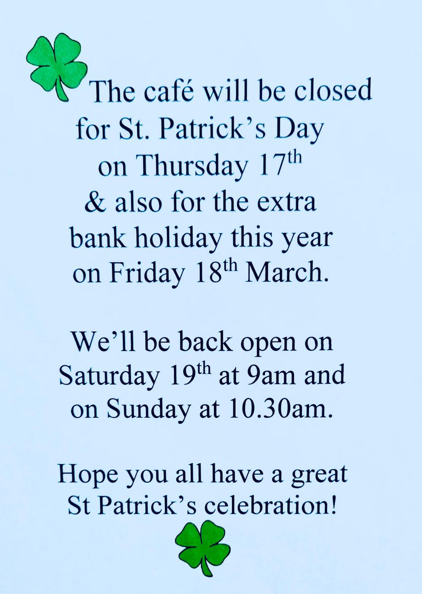 CafeAtriumCork's tweet photo. @MardykeArenaUCC @UCCstaffsports1 #UCC #StPatricksDay #OpeningTimes
Hi Folks,
We're planning on taking a couple of days off ....not too long though..Back open again Sat &amp;Sun morning as usual. Wishing all our Customers &amp; Friends the best for a lovely break ! https://t.co/hBs8lnkoC5
