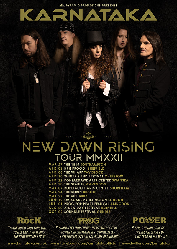 Karnataka's tweet photo. Excited to be kicking off our NEW DAWN RISING TOUR MMXXII on March 27th! Great to be finally getting to perform live again. We'll be playing some classic K tracks and brand new material too. Hopefully see you there! #karnataka #prog #newdawnrising https://t.co/nunQEzAYw8