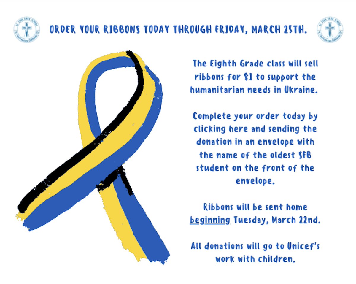 stfinnbarrsf's tweet photo. Our 8th-grade class has organized two opportunities to support the humanitarian needs in Ukraine. Please see below for details and click the link to order your ribbons. Thank you for your support! 🇺🇦

https://t.co/YfBq3fEf7R

#SFBShamrocks #catholicedsf #servicelearning https://t.co/dMLcii0eUo