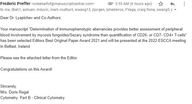 KirillLyapichev's tweet photo. Dear colleagues, it is my pleasure to announce that our manuscript has been selected Editors Best Original Paper Award 2021 and will be presented at the 2022 European Society for Clinical Cell Analysis meeting in Belfast, Ireland!!! #hemepath @UTMB_Pathology @MDAndersonNews https://t.co/kIdqXT8UEo