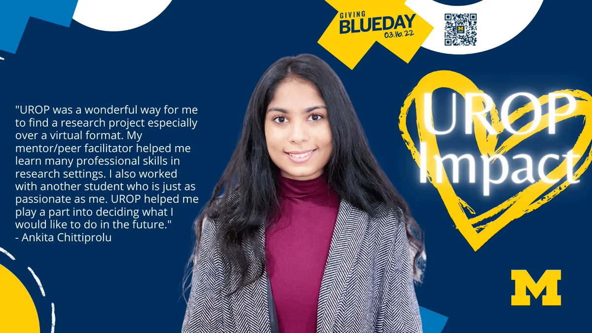 UROPumich's tweet photo. Support the limitless impact of UROP and undergraduate research today at https://t.co/WMb7M2XLnC. “UROP helped play a part in deciding what I would like to do in the future.”
#GivingBlueday #Michigan #Undergraduate #Research #GoBlue #SupportwhatyouLove #IGaveBlue #LimitlessImpact https://t.co/s7jiWTWyBR