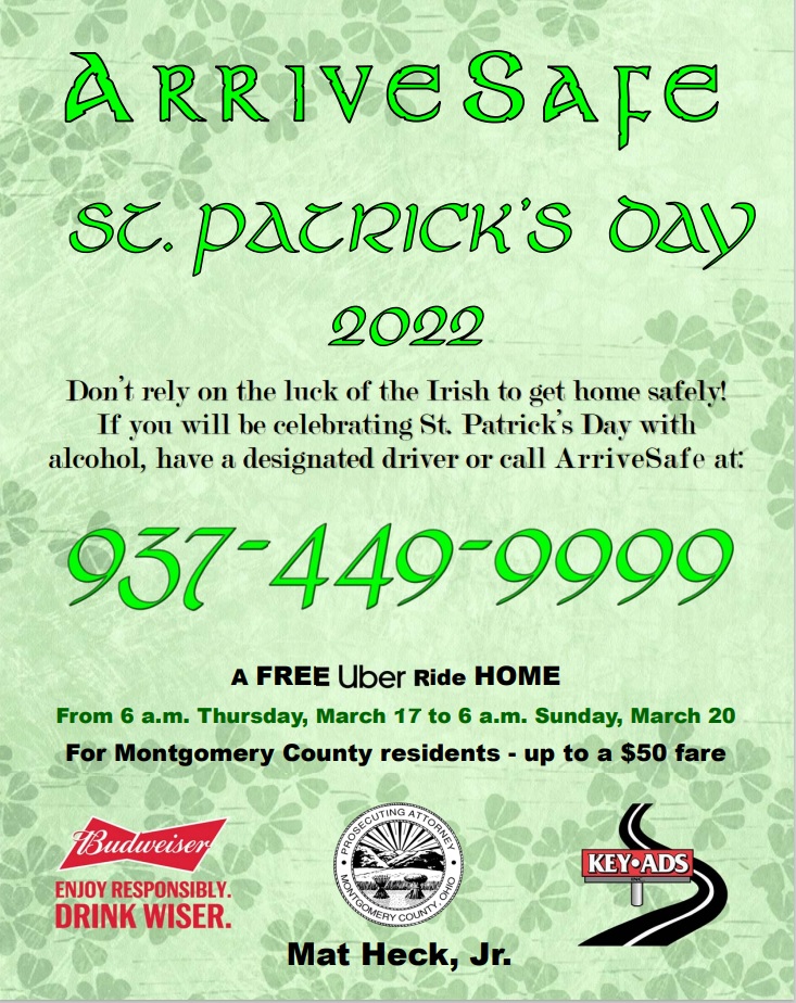 DaytonPolice's tweet photo. It's your lucky day! Mont. Co. Prosecutor's Office, #KeyAds, #HeidelbergDistributing announced the #ArriveSafe program for St.  Patty's Day &amp; the upcoming weekend.
Mont. Co. residents can get a FREE #Uber ride home up to $50 by calling 937-449-9999 starting 6am 3/17 to 6am 3/20 https://t.co/iecym4tt7T