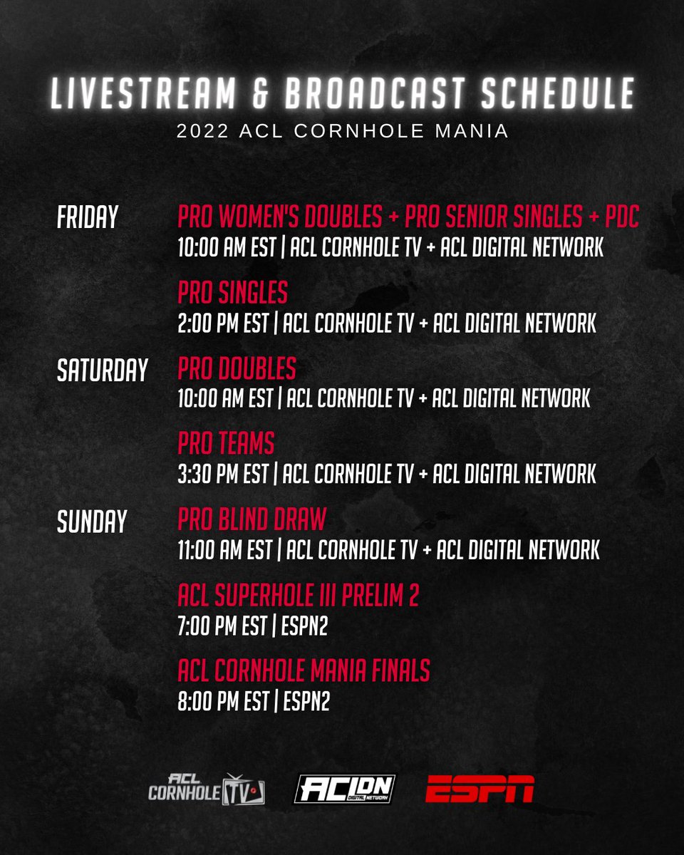 iplaycornhole's tweet photo. Hope you’re ready to watch cornhole all weekend long! 📺🌽🕳

The 2022 ACL Cornhole Mania will have four live streaming courts, two ESPN broadcasts, and over 20 hours of coverage! 

Keep up with every minute of the action here ⬇
https://t.co/bWMSwyLvBA https://t.co/3VbRXdYZsw