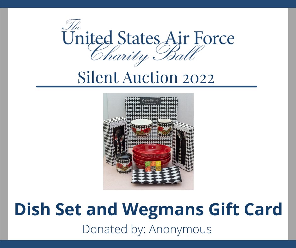 AirSpaceGala's tweet photo. Everyone loves Wegmans!! Here is the opportunity to bid on a $50 Wegmans Gift Card, and a Wegmans Harlequin Dish Set .
#afcb2022 #airforcecharityball2022 #afas https://t.co/r1IlH7hCnN