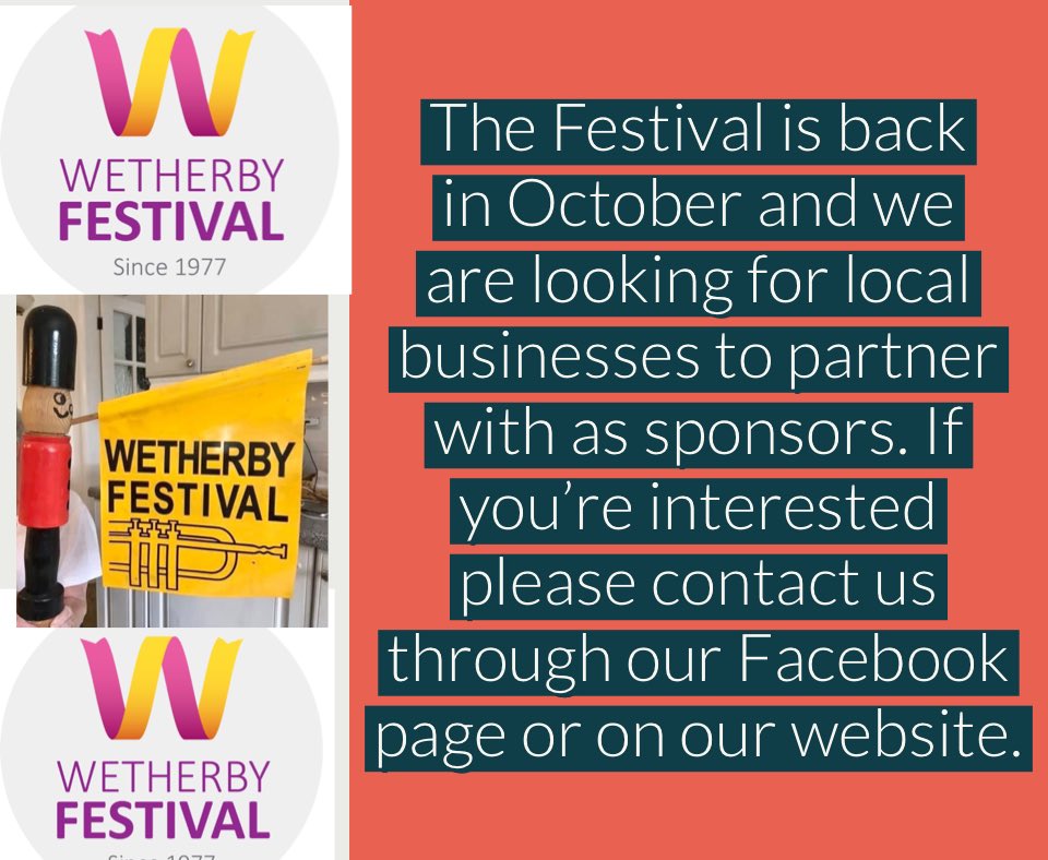 The Festival is back in
October and we are looking for local businesses to partner with as
sponsors. If you're interested please contact us through this page or our website.
#wetherby #Harrogate #Leeds