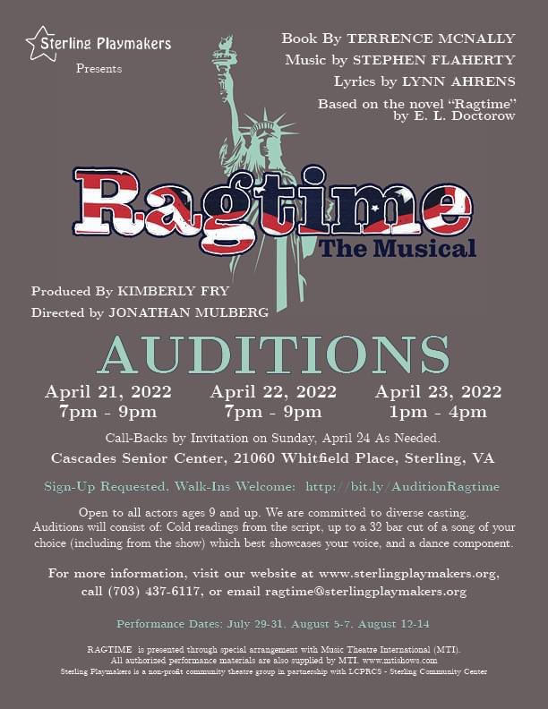 SPlaymakers's tweet photo. Auditions for RAGTIME will be held April 21 - April 23! We are committed to diverse casting. Details at https://t.co/DWBMQt0Np5 

#auditions #actor #actress #musicaltheatre #communitytheatre #localtheatre #northernva  #dcmetroarea #sterlingva #loudouncounty #loudouncountyva https://t.co/nLaWn53WDX