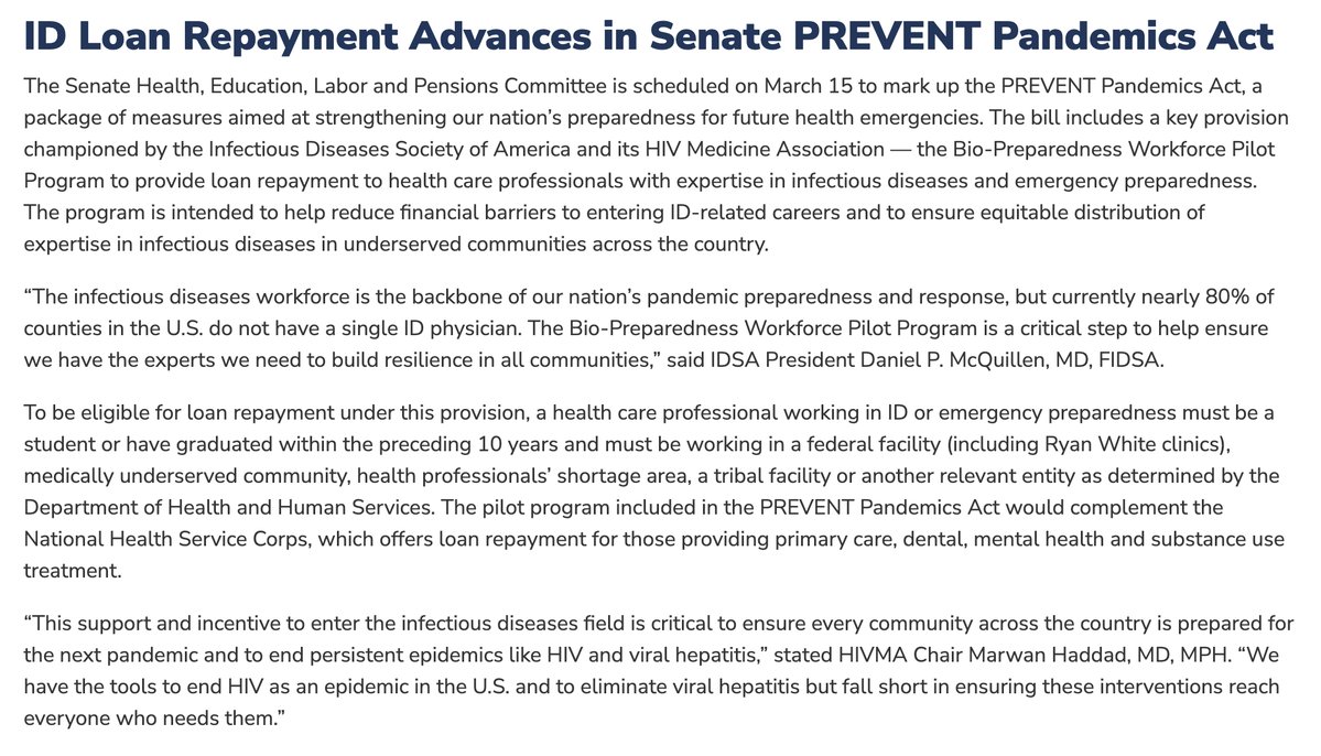 HIVMA's tweet photo. Thank you Senator @PattyMurray & @SenatorBurr for your leadership & for including the Bio-Preparedness Workforce Pilot Program in the PREVENT Pandemics Act. Critical support to ensure the next generation of the #IDWorkforce!
Read more here: https://t.co/hX11fLTaBw
@IDSAInfo https://t.co/xvLViQOhe1