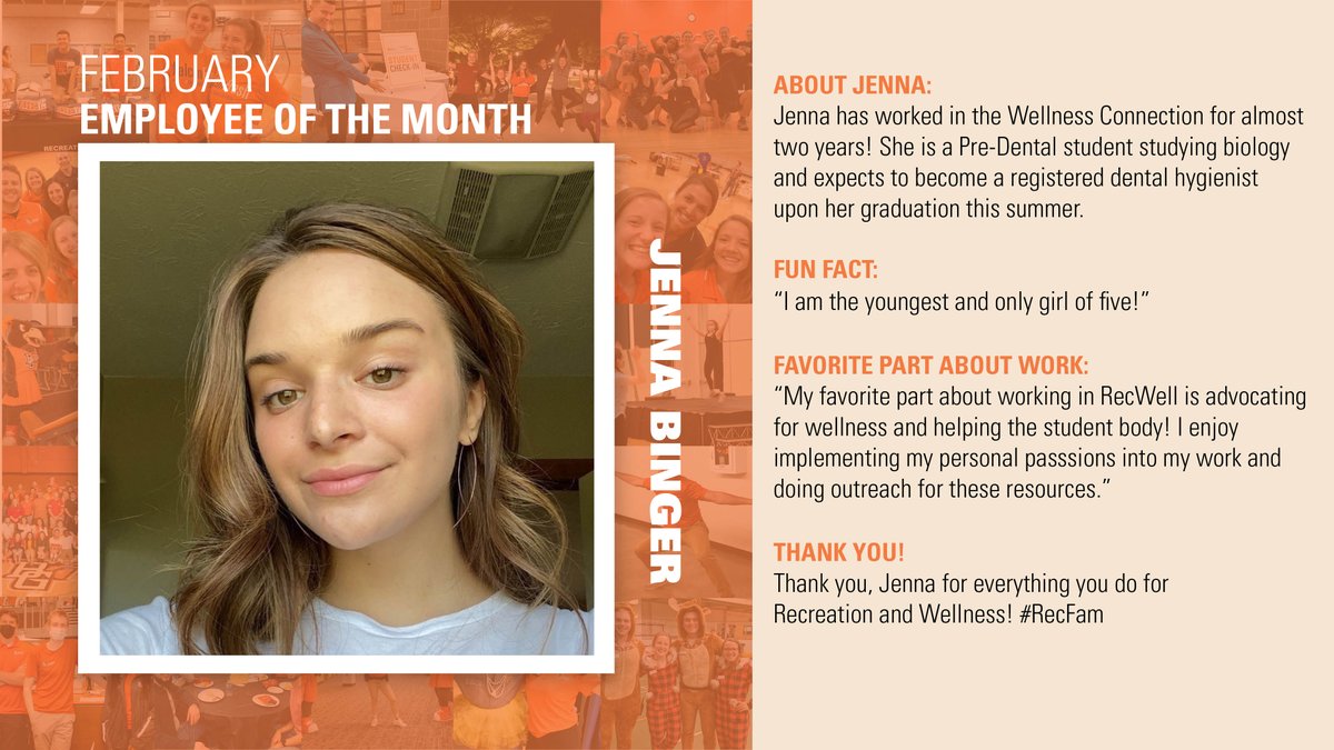 BGSURecWell's tweet photo. Congratulations to our February Employee of the Month, Jenna Binger! 🎉 https://t.co/z3nXXMsjZq