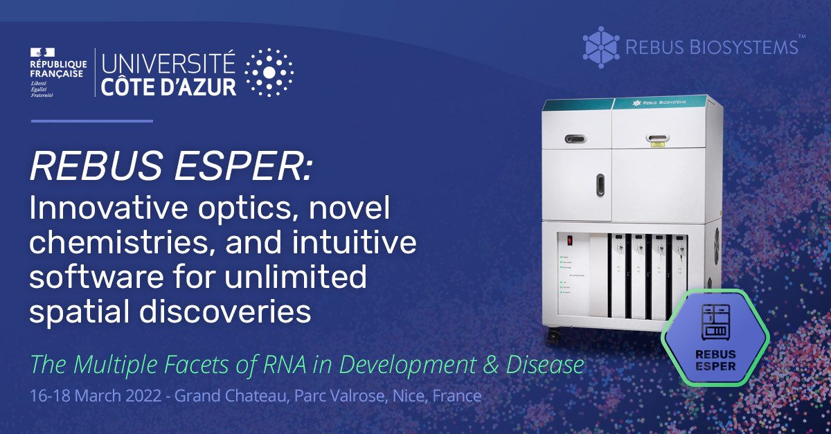Rebus Biosystems (@rebusbio) on Twitter photo Rebus Biosystems is proud to be a sponsor and presenter at The Multiple Facets of RNA in Development and Disease <a href="/Univ_CotedAzur/">Université Côte d'Azur</a> this week. Stop by our booth to learn more about #RebusESPER and we hope to see you at Brett Cook's presentation March 17th from 2:50 pm to 3:05 pm. Rebus Biosystems is proud to be a sponsor and presenter at The Multiple Facets of RNA in Development and Disease <a href="/Univ_CotedAzur/">Université Côte d'Azur</a> this week. Stop by our booth to learn more about #RebusESPER and we hope to see you at Brett Cook's presentation March 17th from 2:50 pm to 3:05 pm.