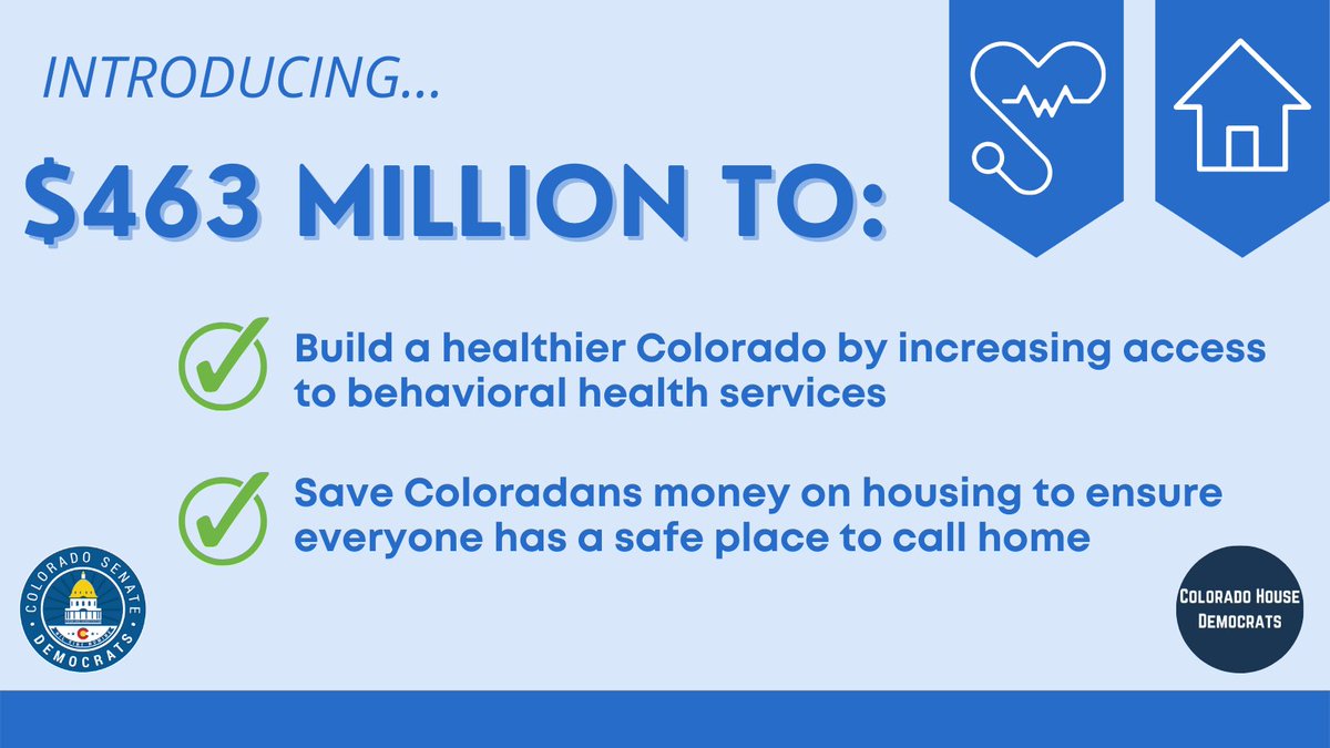 COSenDem's tweet photo. We’re rolling out 5️⃣ more transformational bills to improve Coloradans’ access to behavioral health treatment &amp; save people money on housing. 

These bills will #MoveCOForward! 👏👏

#coleg #copolitics https://t.co/d5oZTixPtU