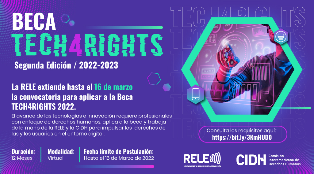 RELE_CIDH's tweet photo. Hoy vence el plazo para postular a la beca #TECH4RIGHTS
¿Tienes experiencia en tecnología o en la defensa de los DDHH en línea? Envía tu aplicación y trabaja para para impulsar los derechos de las y los usuarios en el entorno digital. Aplica hoy!
👉https://t.co/CqVSKTtJsc https://t.co/kCE4XYCjNT