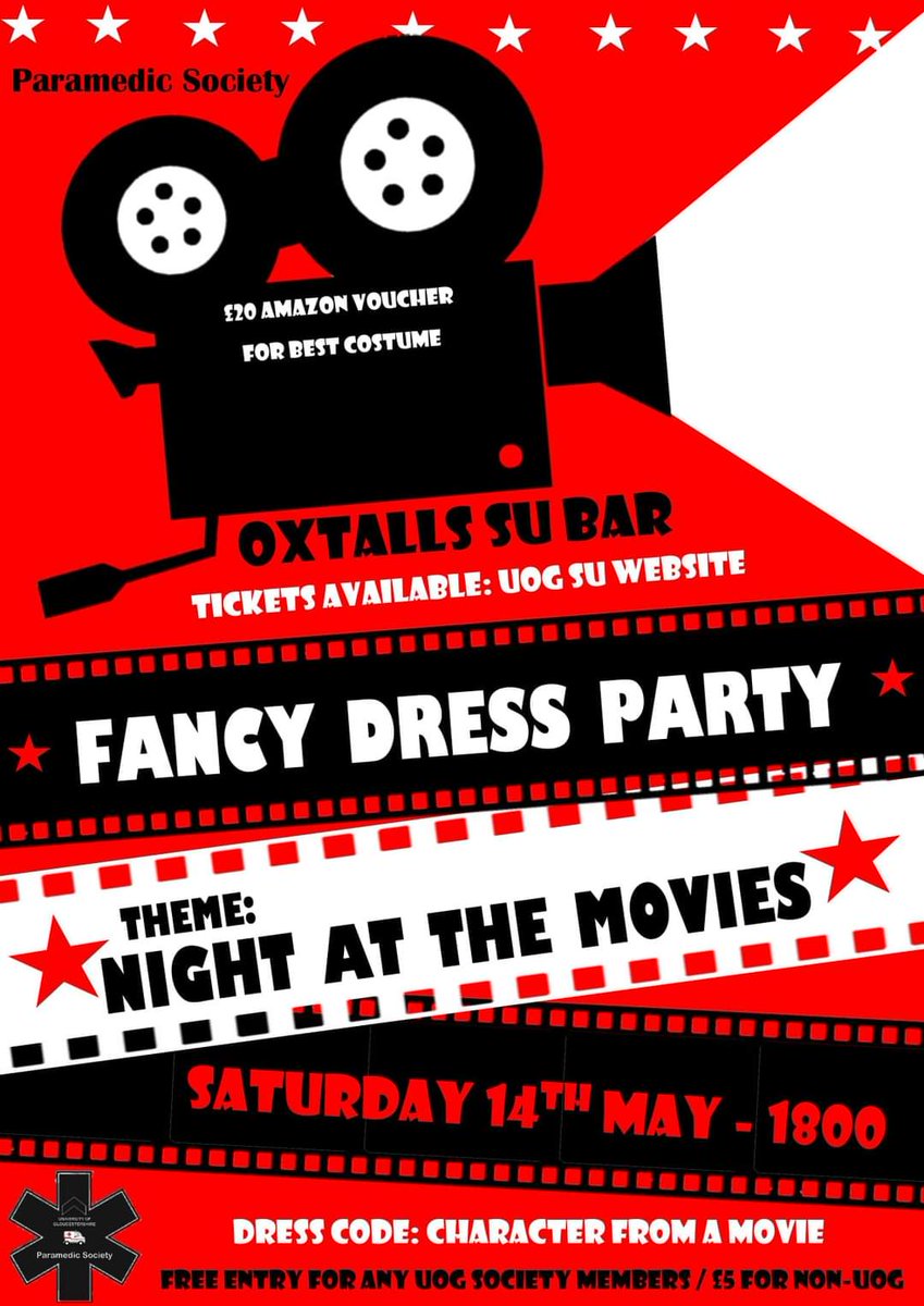 ⭐ FANCY DRESS PARTY ⭐ Theme: Night at the Movies 🎥 Dress code: Character from a movie. ⭐£20 amazon voucher for best costume⭐ - Oxtalls SU Bar 14th May, 6pm - Free entry for any UoG society member! £5 for non-UoG GET YOUR TICKETS HERE: uogsu.native.fm/event/night-at… @uniofglos