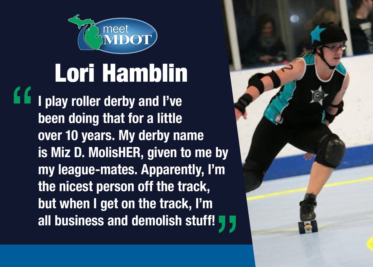 MichiganDOT's tweet photo. Meet Lori Hamblin, who became the @MichiganDOT Grand Region @MDOT_West department technician for operations and maintenance last summer. (She's also a force to be reckoned with in roller derby!) https://t.co/Y4Lh0NkNmK
#MeetMDOT https://t.co/cm9A670QqD