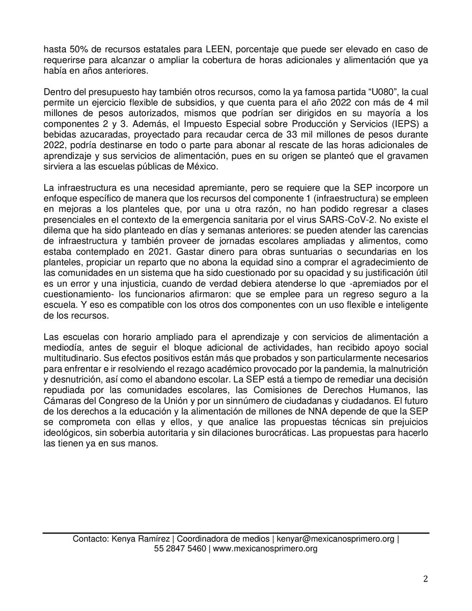 La <a href="/SEP_mx/">SEP México</a> DEBE y PUEDE revertir su decisión para recuperar las horas adicionales de clase y alimentos para 3.6 millones de niñas, niños y adolescentes.

Presentamos las siguientes alternativas viables para rescatar las #EscuelasTiempoCompleto #AprenderEsUnDerecho
