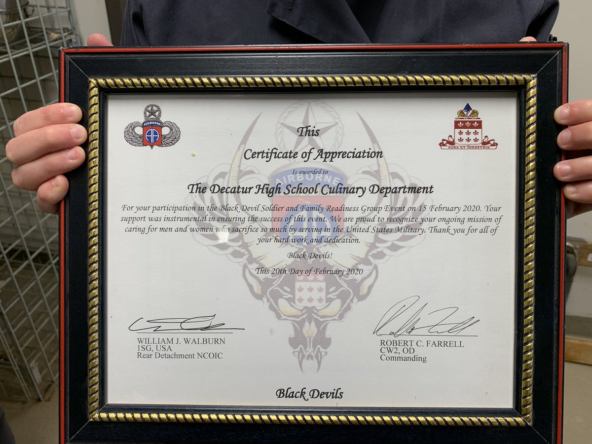 CareerDecatur's tweet image. DCA Culinary Arts receives a certificate from the US Army @ Ft. Bragg, NC. vimeo.com/688938594