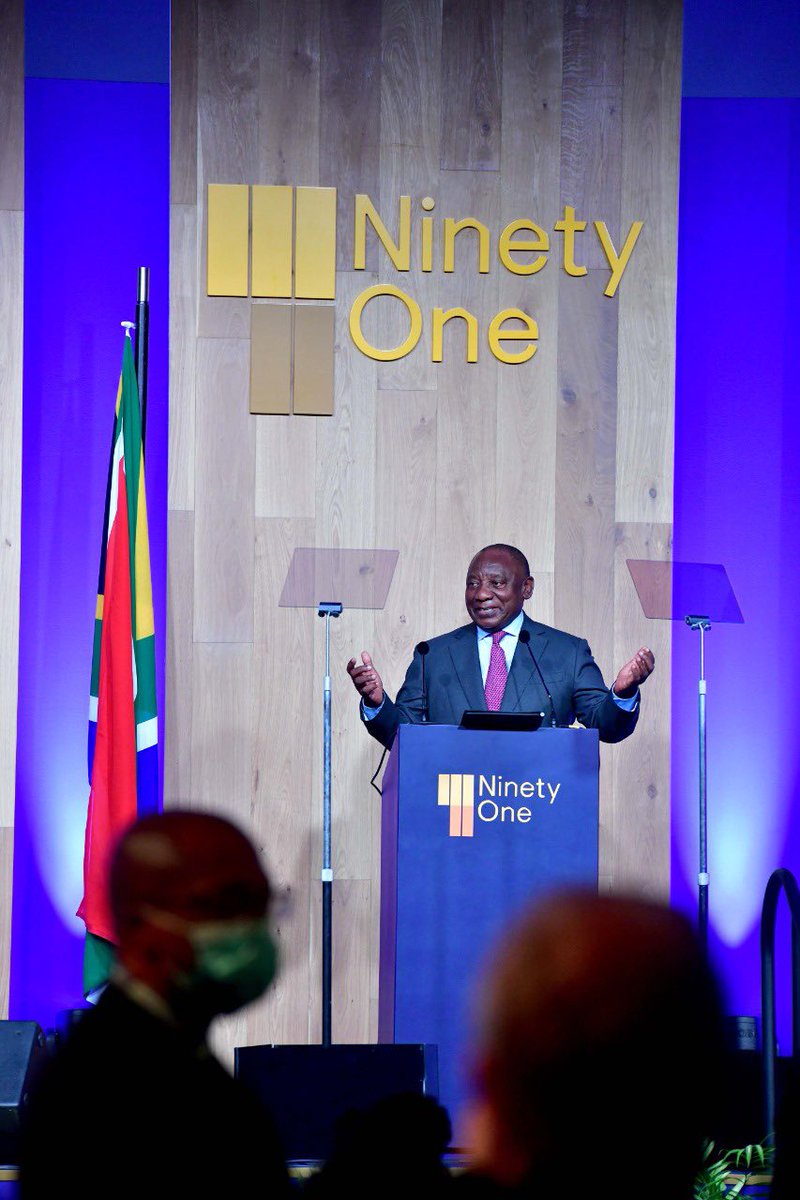 PresidencyZA's tweet photo. [PHOTOS]: President @CyrilRamaphosa delivering a keynote address at the 30th Anniversary of a proudly South African assets management firm, Ninety One, at the Cape Town International Convention Centre. 
#InvestSA https://t.co/9qMfx5ZaqL