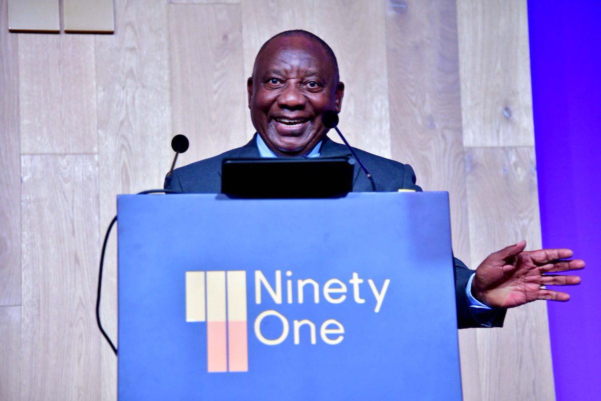 PresidencyZA's tweet photo. [PHOTOS]: President @CyrilRamaphosa delivering a keynote address at the 30th Anniversary of a proudly South African assets management firm, Ninety One, at the Cape Town International Convention Centre. 
#InvestSA https://t.co/9qMfx5ZaqL