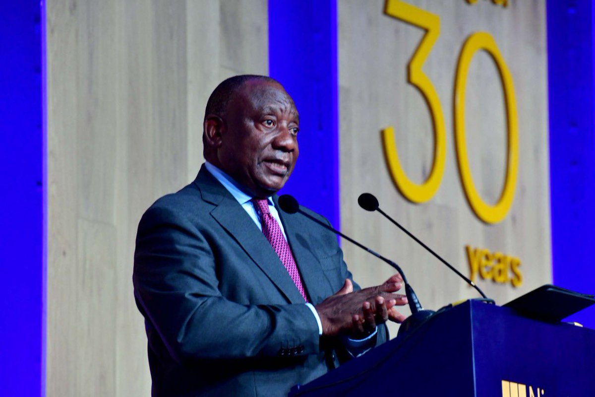 PresidencyZA's tweet photo. [PHOTOS]: President @CyrilRamaphosa delivering a keynote address at the 30th Anniversary of a proudly South African assets management firm, Ninety One, at the Cape Town International Convention Centre. 
#InvestSA https://t.co/9qMfx5ZaqL