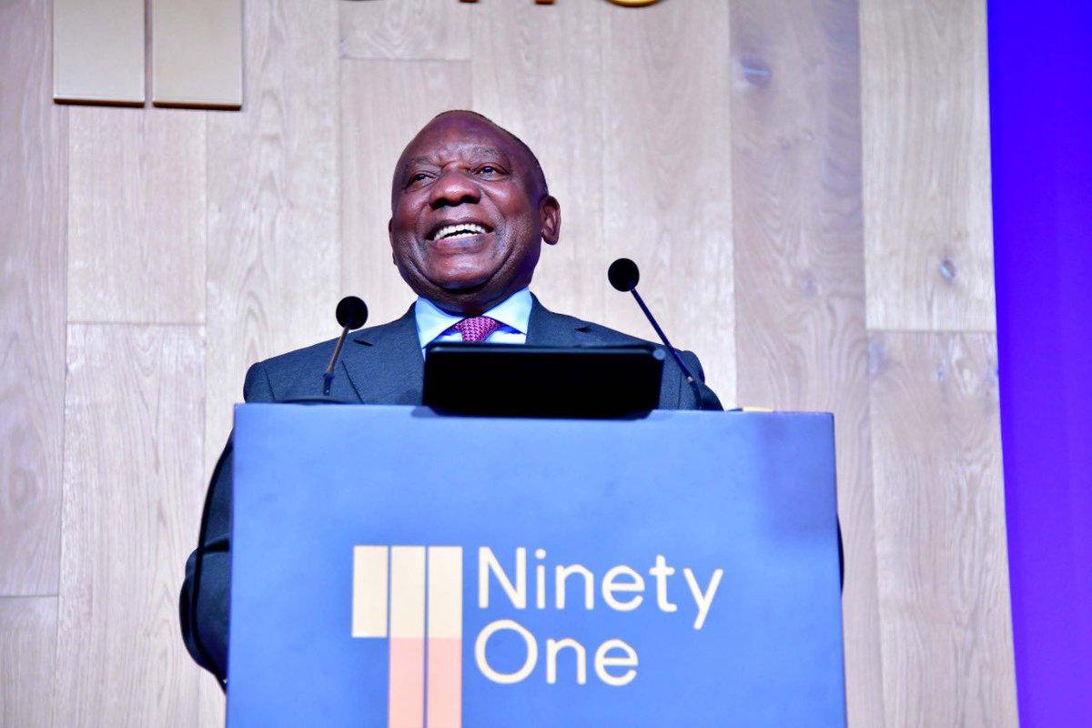PresidencyZA's tweet photo. [PHOTOS]: President @CyrilRamaphosa delivering a keynote address at the 30th Anniversary of a proudly South African assets management firm, Ninety One, at the Cape Town International Convention Centre. 
#InvestSA https://t.co/9qMfx5ZaqL