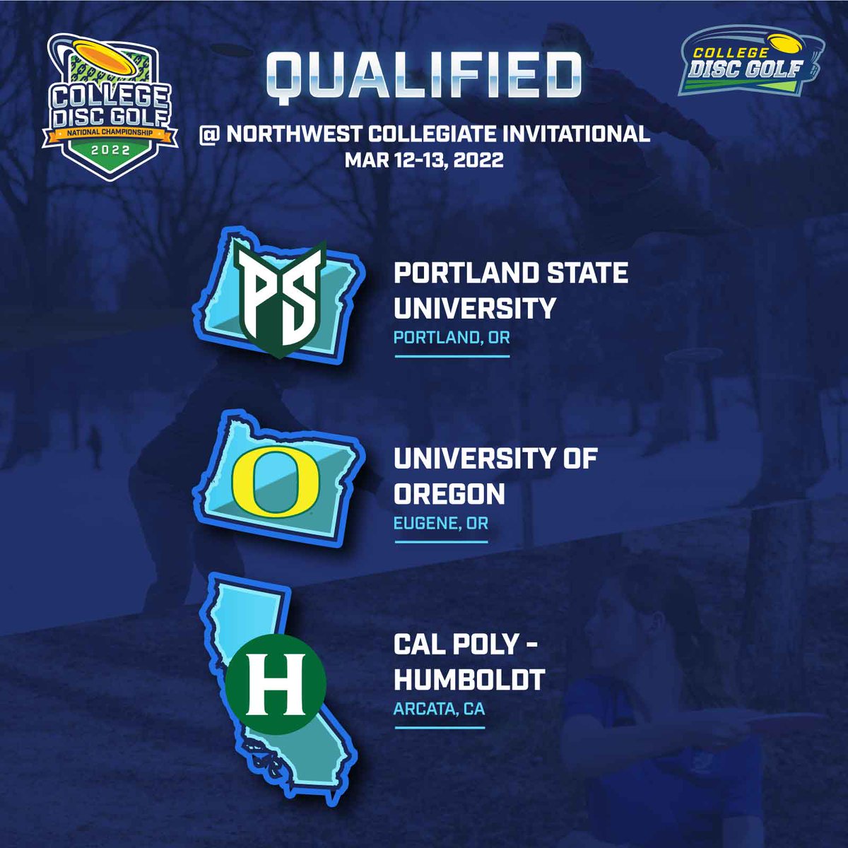 CollegeDiscGolf's tweet photo. Northwest Collegiate Invitational #CDGNC Qualifier results: 
Portland State University, University of Oregon, and Cal Poly - Humboldt all qualified for Nationals. 
Thanks to the Oregon Collegiate Disc Golf League for running the event. 
#CollegeDiscGolf #pdga #discgolf #qualified https://t.co/7Lc1lyG8KJ