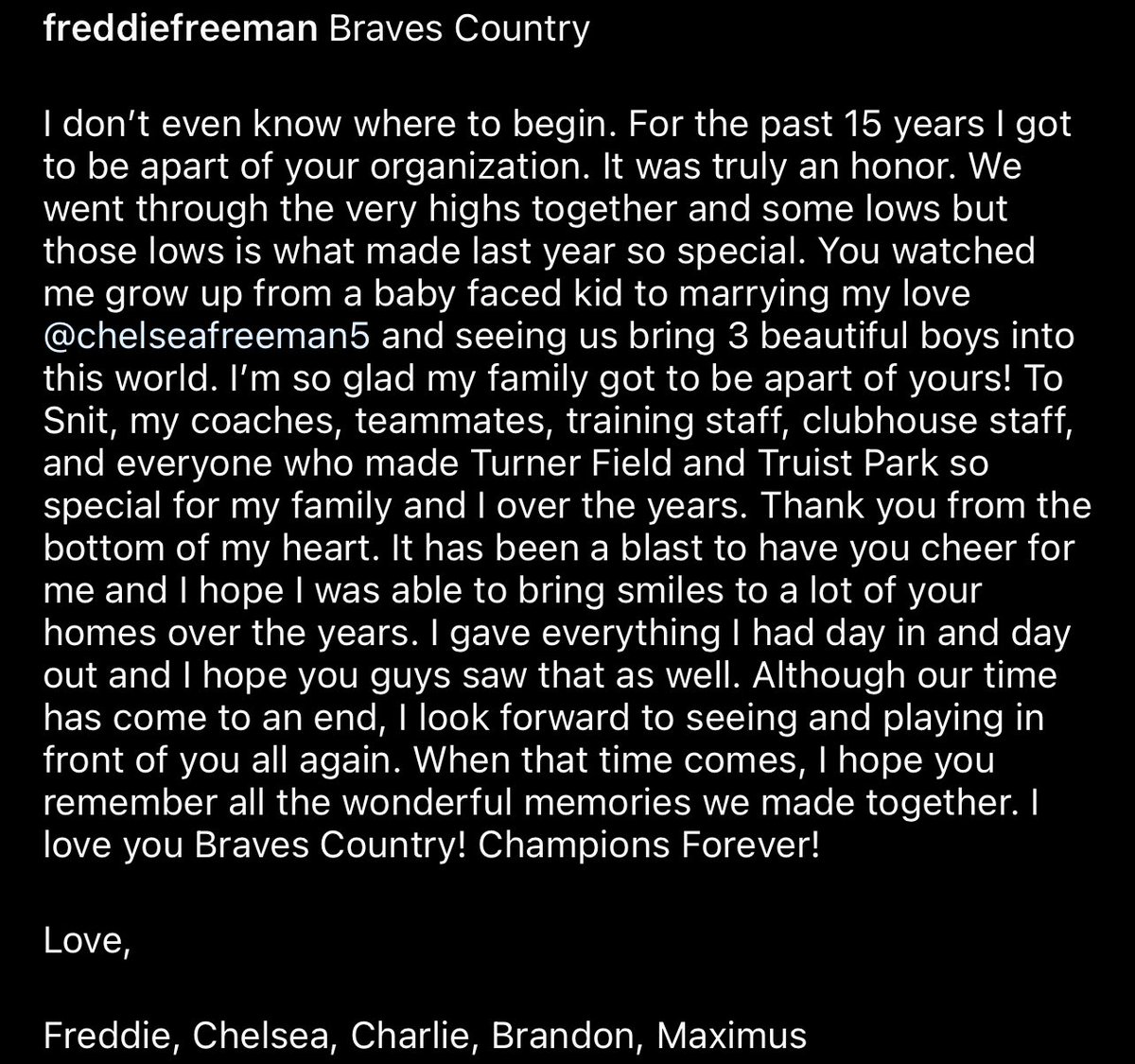 BRWalkoff's tweet photo. Freddie gives his thanks and farewell to the Braves, the fans and the city of Atlanta https://t.co/Jhg93nzEFT