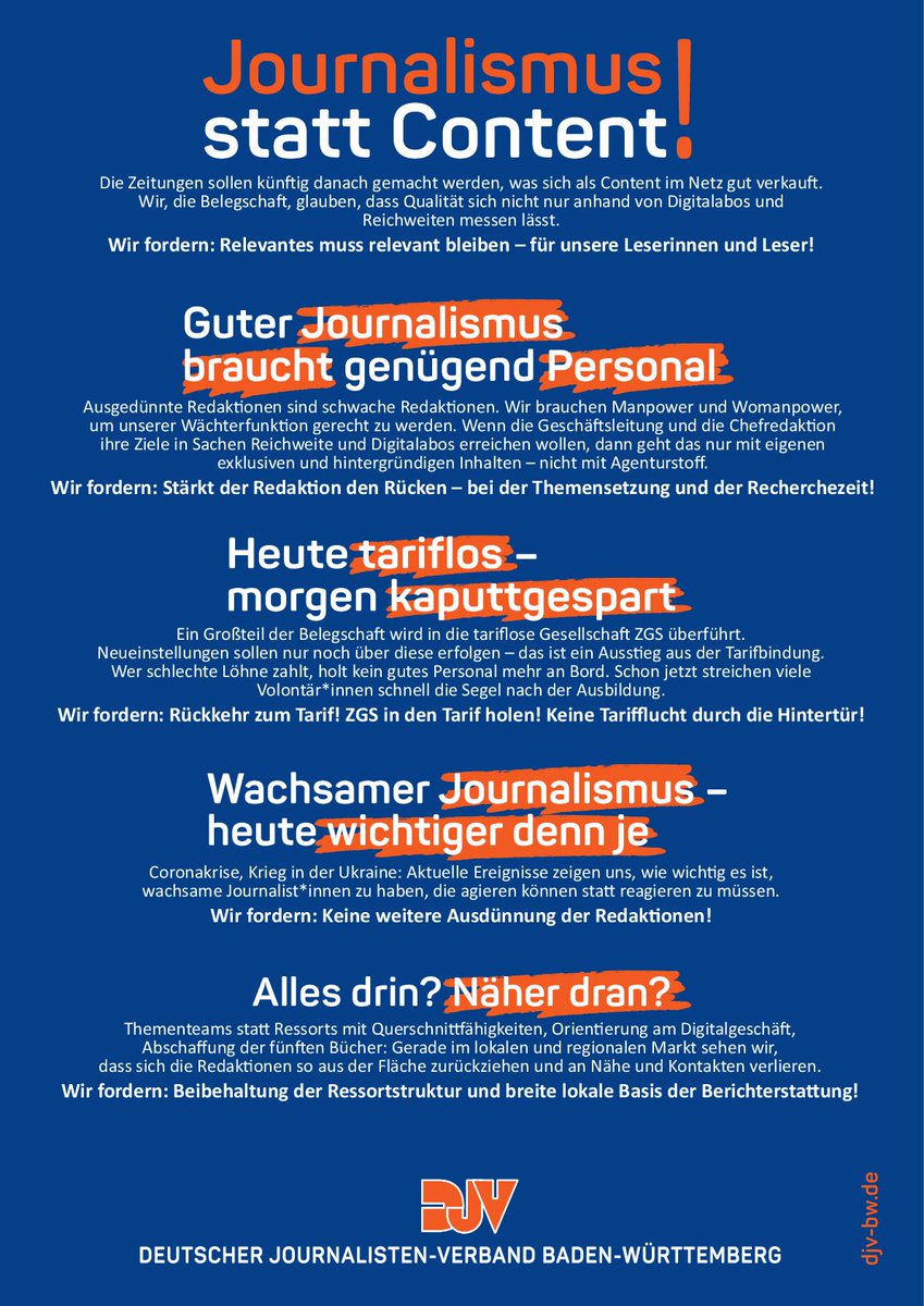 ma_kuse's tweet photo. Unsere Forderungen beim Umbau der Stuttgarter Zeitungen: Sie müssen weiter Journalismus machen können! Und zwar mit genug Personal, Tarifvertrag und vor Ort. 
Dieses @DJVBW-Flugblatt haben wir heute bei @StZ_NEWS &amp; @StN_News verteilt. #SWMH https://t.co/RdO4hk8PCF