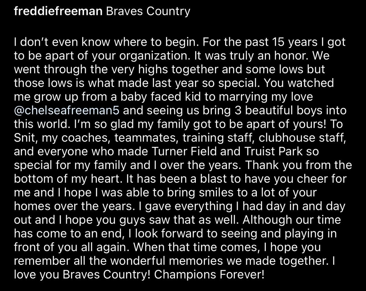 Ken_Rosenthal's tweet photo. Freddie Freeman thanks Braves fans… https://t.co/VgGjvJ9Hs8