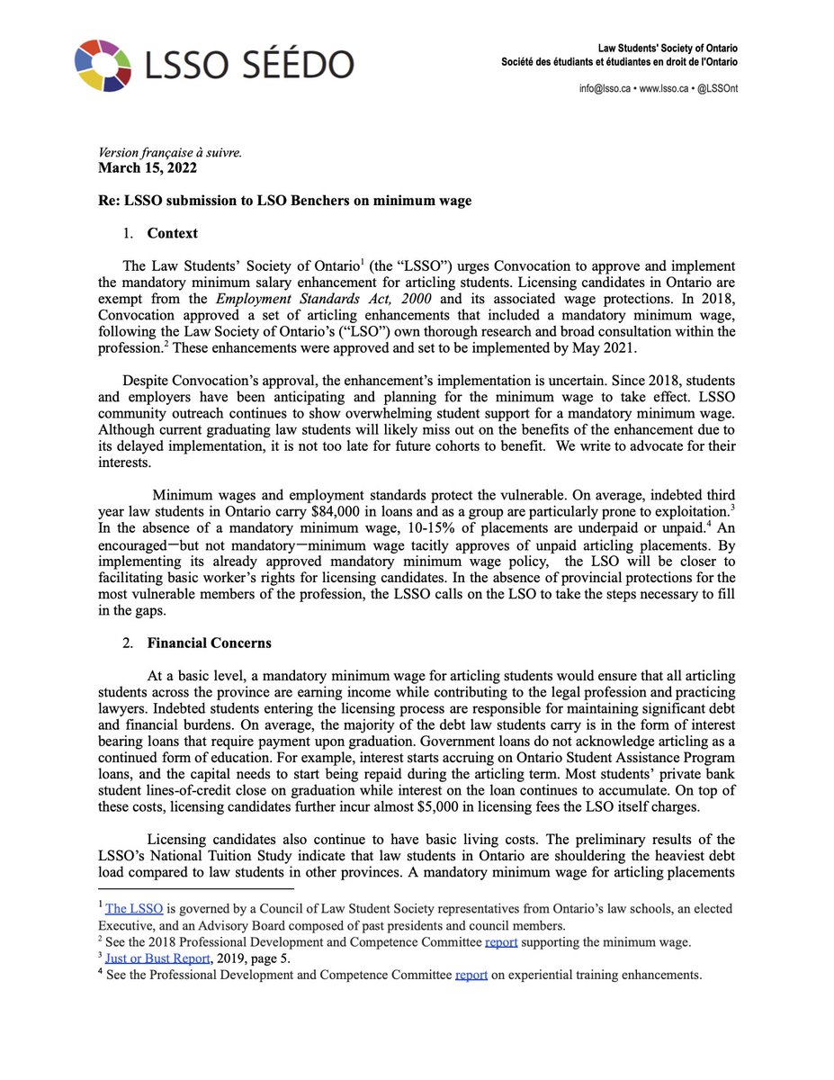 LSSOnt's tweet photo. The LSSO sent Convocation a formal submission about the upcoming vote on a mandatory minimum wage for licensing candidates. See the submission linked and attached below.

Read it on our website: https://t.co/ArYHPghjsO

Share your feedback: https://t.co/rMZVD09Bt0

#lawtwitter https://t.co/BSMdvMuJ2W