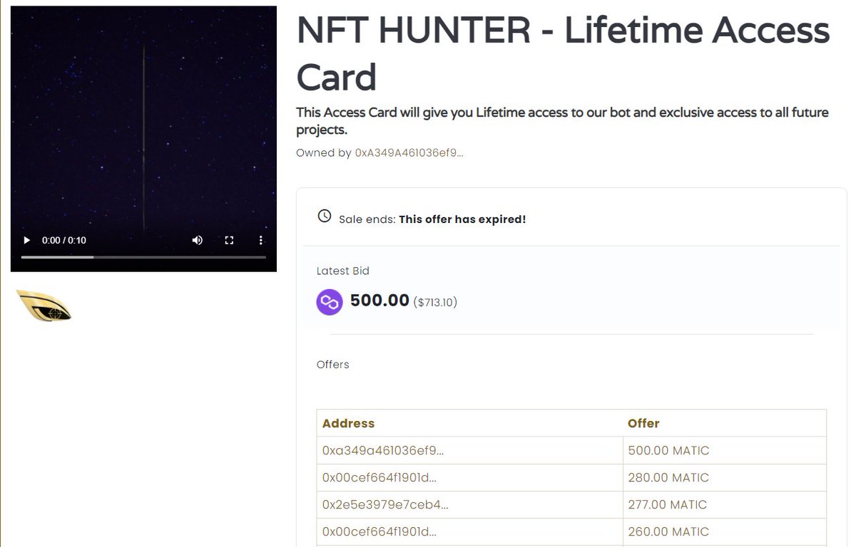 NFT_Hunter_Bot's tweet photo. 🔥Our first Access Card auction closed🔥
The auction finished at 500MATIC with a total of 26 bids !

Congratulations to the winner ! 

This is just the beginning,
Stay tuned 

- NFT HUNTER Team https://t.co/VL1h9KAY31