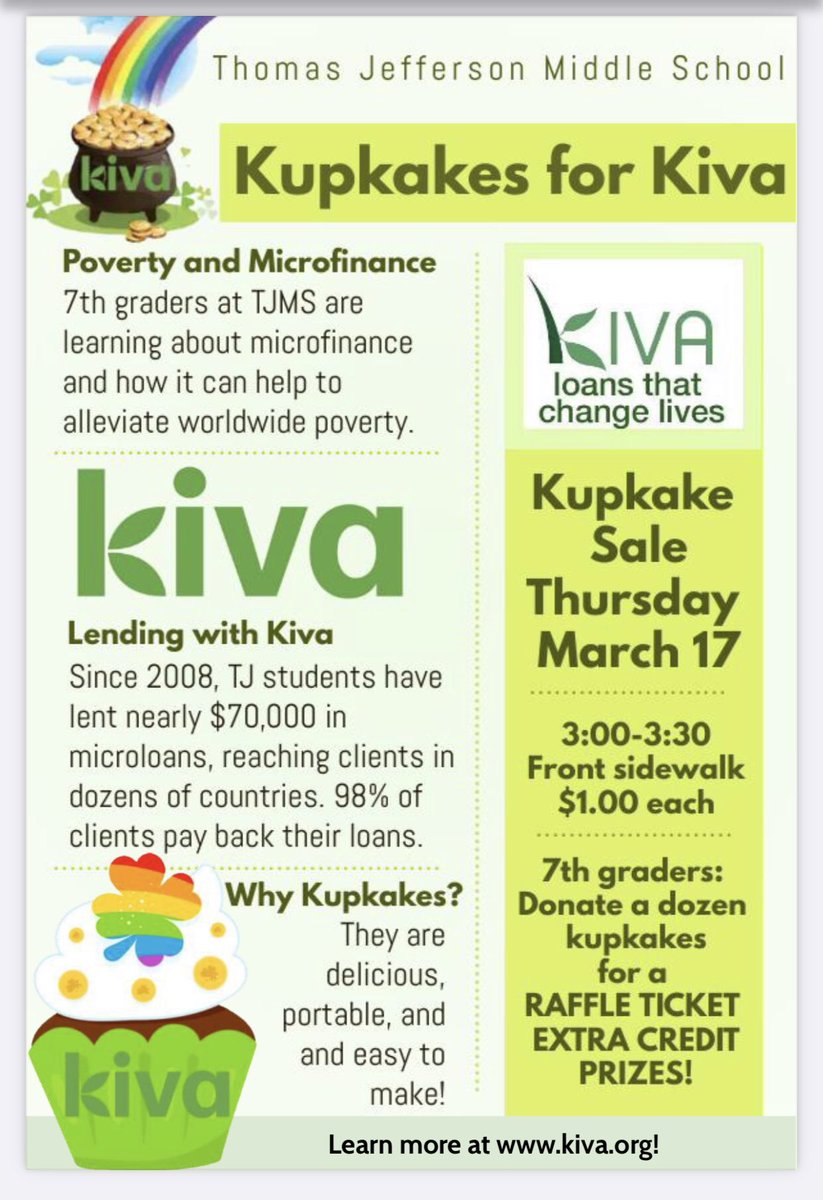 Kupkakes for <a href="/Kiva/">kiva.org</a> tomorrow! $1 each. Meet me at the flag pole at 3:00pm. Extra credit, raffle, and prizes for those 7th graders who donate a dozen cupcakes for our fundraiser! Drop off after 8:00AM Room 224 and 225.<a href="/TJ_pawesome/">Thomas Jefferson MS</a>
