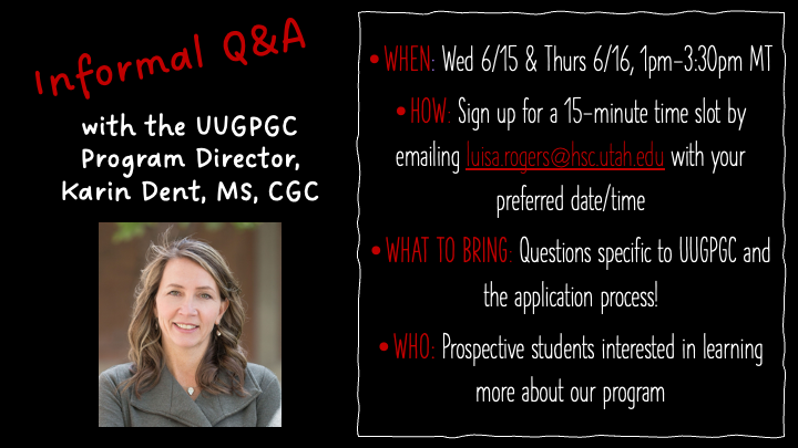 uugpgc's tweet photo. An informal Q&amp;A with the UUGPGC Program Director?! Sign us up! 😎 Prospective students, find more info in the flyer below or at: https://t.co/LTx8LCji1N
#GeneChat #ProspectiveGC https://t.co/URw59vHz3O