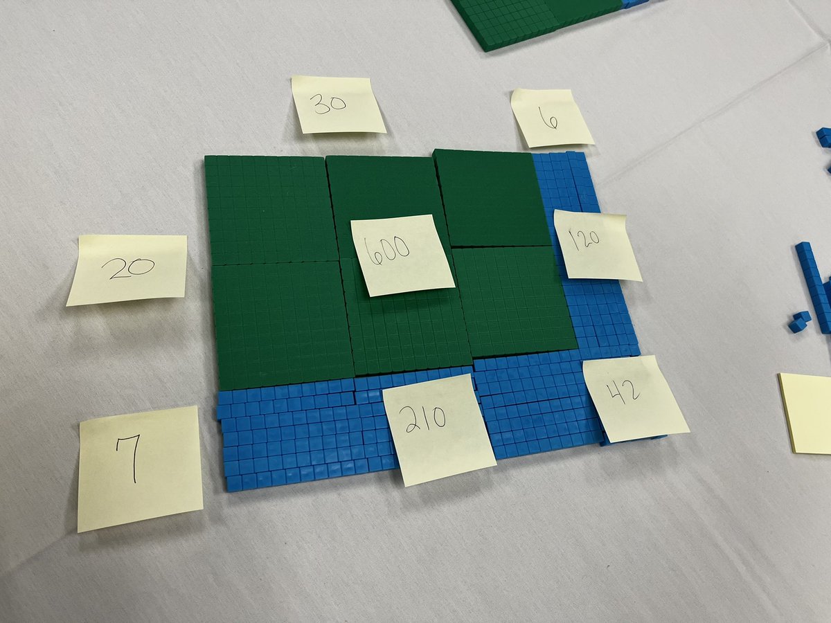 “They shouldn’t be doing double digit multiplication unless they can pull this off.” - <a href="/ksquaredmath1/">karen Karp</a> Do this BEFORE you do the Area Model or “Box” Method. I’ve built these with base ten, but I’ve never labeled with post-its. 🤯🤦‍♀️ #NCTMINDY22